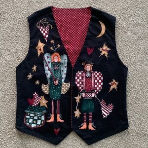 Vintage Handmade Cottagecore Americana Folk Angel Fairy Black Gingham Vest XL-2X